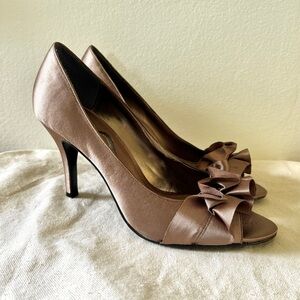 Nina cappuccino latte brown satin open toe with ruffle party pumps heels